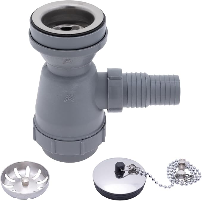 Ambassador Marine 2" Trap Sink Drain with Strainer Basket & Chain Stopper, Brushed Finish Stainless Steel Flange, 1-1/4" & 1-1/2" Hose Barb for Boat, RV, Galley or Bar Sink Drain Assembly Replacement