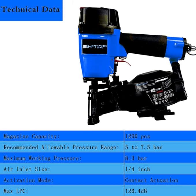 CN45N Roofing Nailer, 15 Degree Roofing Nail Gun, 3/4-Inch to 1-3/4-Inch Coil Nails, 120-pcs Load Capacity Coil Nailer in Blue