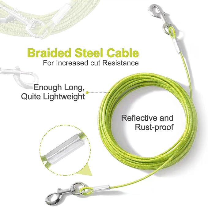 Tie Out Cable for Dogs,10/20/30/50/100FT Dog Leads for Yard Chew Proof,Heavy Duty Tie Out Cable for Large Dogs Up to 125lbs,Dog Runner Tether (Green, 125Ibs 50ft)