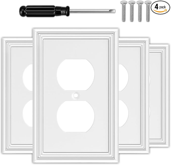 White Decorative Outlet Covers Wall Plates, Natural Material Electric Receptacle Cover Switch Plate Outlet Cover - Modern Style (1 Gang Single Duplex 4 Pack)