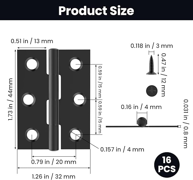 16 Pcs Small Stainless Steel Door Hinges, 2 inch Window Folding Hings, Home Furniture Hardware with 96 Screws (Black)