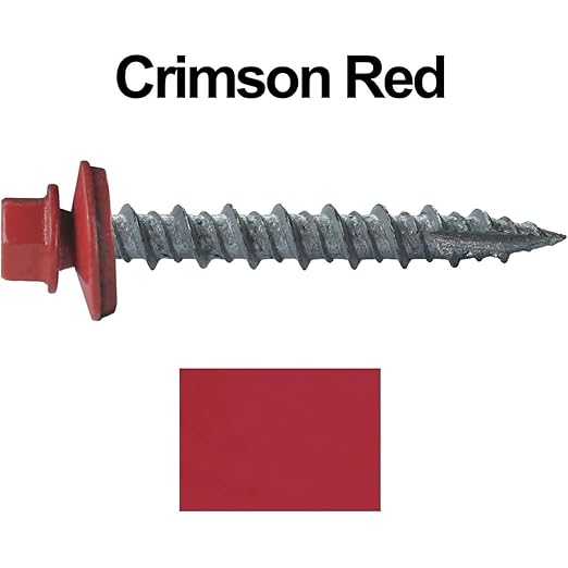 10 x 1-1/2" Crimson RED Metal Roofing Screws - Hex Washer Head- Self-Starting/Tapping - EPDM Washer. 1 x 250 Count Bag - 250 Screws
