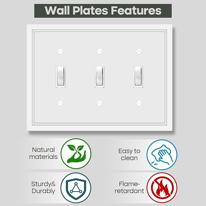 Triple Toggle Light Switch Cover Plate White Classic Decorative Light Switch Plates Cover 3-Gang Wall Plate Cover