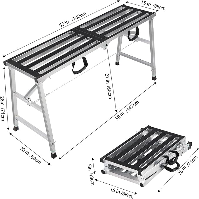 Folding Scaffolding Platform Steel Step Ladder Stool Height Adjustment 27-43"(H) Portable for Home Improvement, Drywall Painting, Maintenance at Height, Maximum Load 600lbs