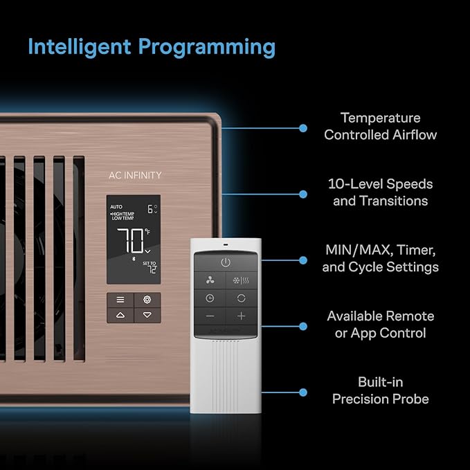 AC Infinity AIRTAP T4 Bronze, Register Booster Fan for 4” x 10” Vents, Thermostat Control Improves Heating & Cooling, Quiet 10-Speed Remote Control & Bluetooth App. ONLY FITS 4” x 10” Duct Openings