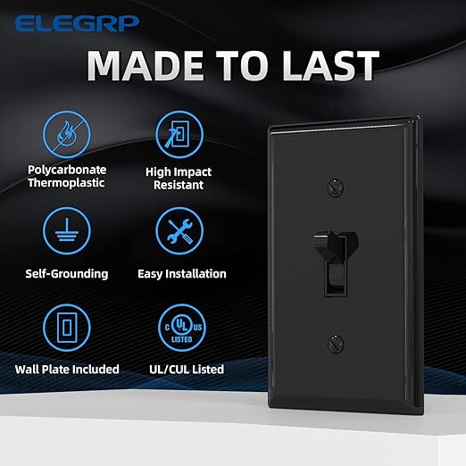 ELEGRP 3 Way Toggle Light Switch with Plate - 15 Amp, 120V Quiet AC Switch - In Wall On/Off, Self-Grounding - Residential & Commercial Grade, UL Listed (5 Pack, Glossy Black)