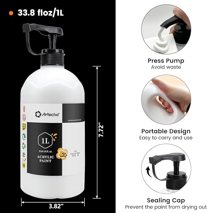 Artecho Titanium White Acrylic Paint 1000ml (33.8 fl oz) with Pump Dispenser – High Pigment for Exceptional Coverage, Large Bottle Craft Paint for Canvas, Wood, Rocks, Fabric, Ceramic – Non-Toxic