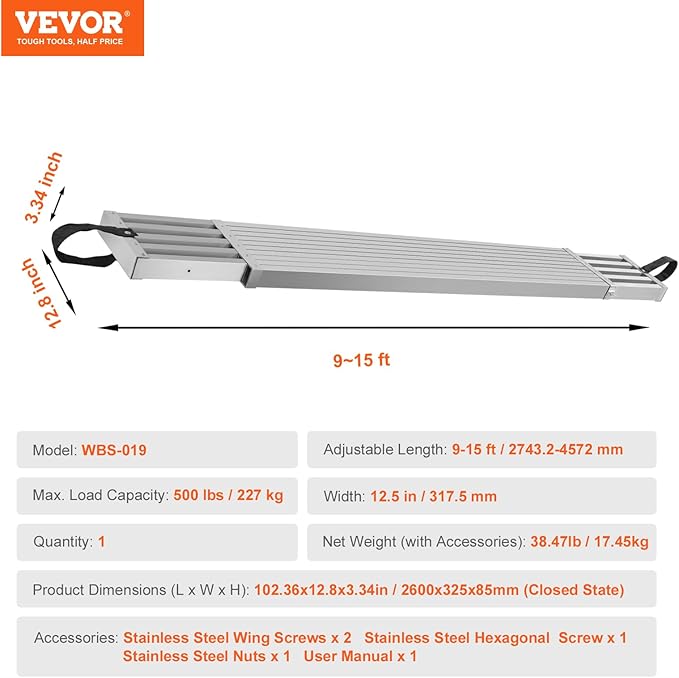 VEVOR Aluminum Telescoping Work Plank, 9-15FT, 500lbs Capacity, 12.5 inch Width, Scaffolding Plank with Skid-Proof Platform Scaffold Ladder Accessory