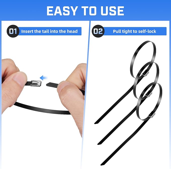 Heavy Duty Metal Zip Ties 100 Pack - 11.8 Inch 304 Stainless Steel Black Cable Ties with 200 LBS Tensile Strength, Multi-Purpose Wire Ties for Exhaust Wrap, Fence, Canopy, Pipes, Outdoor Use