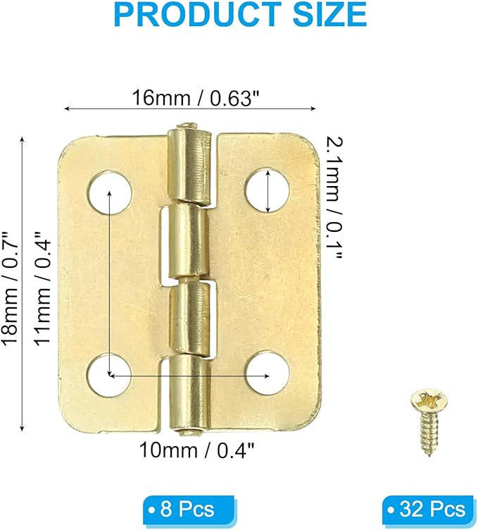 PATIKIL Small Butt Hinges 3/4 Inch, 8 Pack Mini Jewelry Box Hinge with Screw for Jewelry Wooden Boxes Cabinet Drawer Doors Gate, Gold