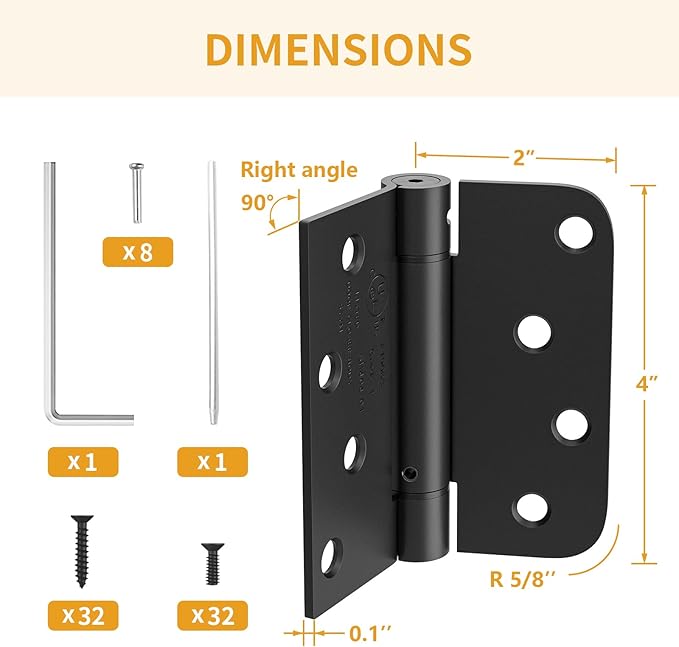 Luxbaro 4 Pack Self Closing Door Hinges 4 Inch, Matte Black Spring Loaded Hinges with Square & 5/8" Radius Corners, Adjustable Tension for Garage, Front Door, for Left and Right Hand Door, UL Listed