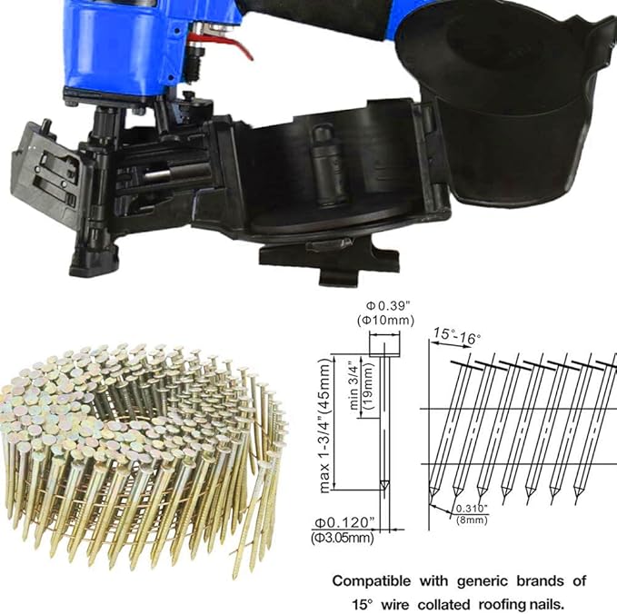 CN45N Roofing Nailer, 15 Degree Roofing Nail Gun, 3/4-Inch to 1-3/4-Inch Coil Nails, 120-pcs Load Capacity Coil Nailer in Blue