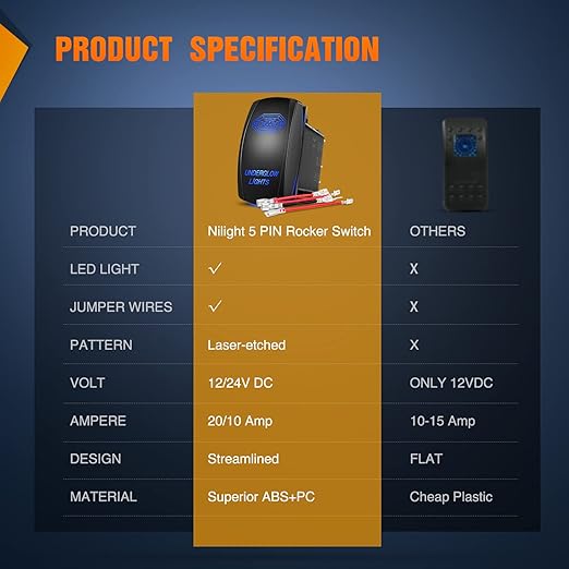 Nilight Underglow Lights Rocker Switch Led Light Bar 5Pin Laser On Off SPST switches 20A/12V 10A/24V Blue with Jumper Wires Set for Cars Trucks RVs
