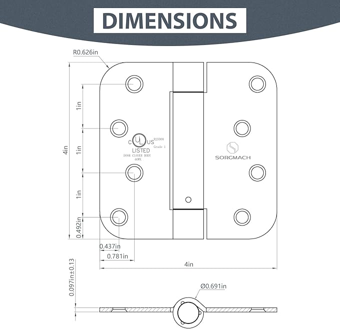 Self Closing Door Hinges 4 inch Satin Nickel Auto Close Hinge Adjustable 4" x 4" Spring Hinges 5/8" Radius Corner Commercial Door Closer Hinge UL Listed, 6 Pieces