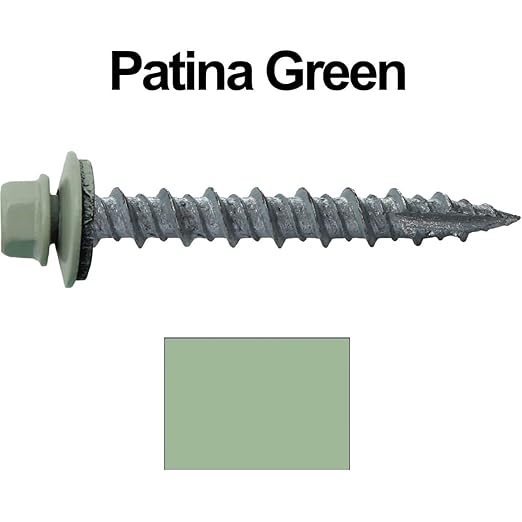 10 x 1-1/2" Patina Green Metal Roofing Screws - Hex Washer Head- Self-Starting/Tapping - EPDM Washer. 1 x 250 Count Bag - 250 Screws