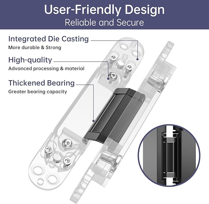 4-Pack 7 inch Hidden Hinges for Doors Invisible Hinges Concealed Zinc Alloy 180 Degree Swing 3 Way Adjustable Butt Silent Door Hinge 7 x 2.8 x 1 inch (Black