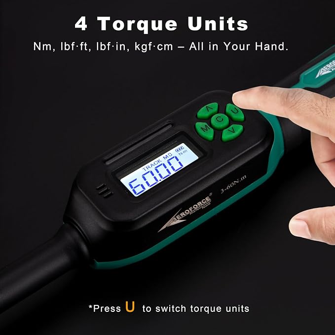 AEROFORCE Digital Torque Wrench - 3/8 Inch Drive Electric Torque Wrench (3-60Nm), Features Dual-Direction Ratchet, ±2% Accuracy, Buzzer & LED Alerts, 4-Measurement Unit (Nm/lb.ft/in.lb/kgf.cm)