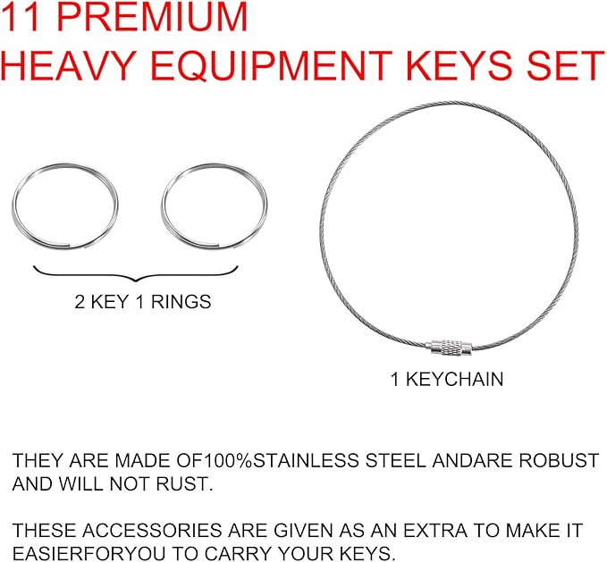 11-Piece Heavy Equipment Key Set - Master Keys Compatible with Excavators, Loaders, Tractors - Works on CAT, John Deere, Komatsu, Kubota, JCB, Case, Bobcat, JLG & More Emergency Backup Kit