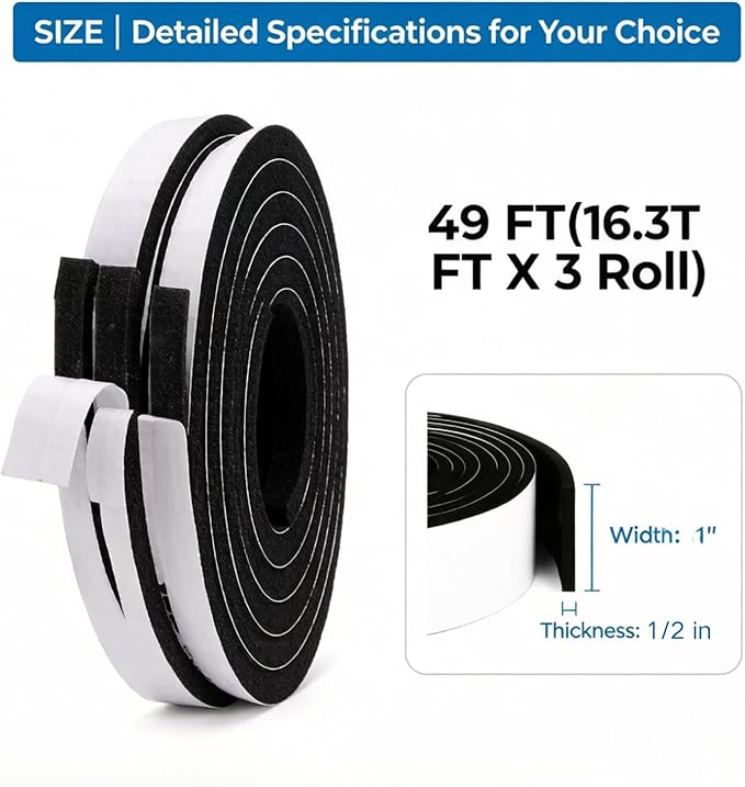 Jucoan 49 Feet Weather Stripping Foam Insulation Tape, 1 Inch Wide x 1/2 Inch Thick Self Adhesive Foam Seal Tape, High Density Door Seal Strip Window