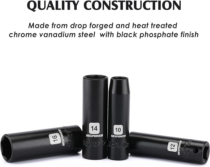 MIXPOWER 13 Pieces 3/8-Inch Drive Deep Impact Socket Set, 7mm to 19mm, CR-V, Metric, 6 Point, Deep, 13 Pieces 3/8" Dr. Socket