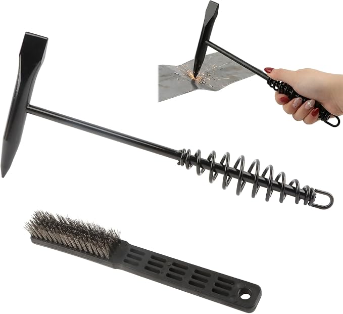 Welding Chipping Hammer and Wire Brush Set, 10.5" Welding Hammer with Spring Handle and 7.87" Steel Bristle Brush, Welding-Tools for Slag, Spatter, Residue Removal(COLOR:Black)
