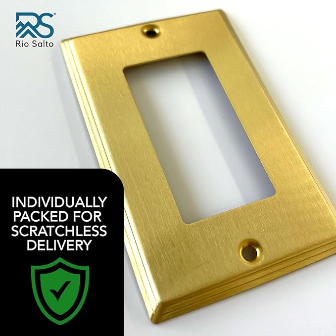 Rio Salto BRASS Brushed Gold Metal Rocker Decorator Outlet Covers Light Switch Cover – Deco Collection Decorative Brass Wall Plates 10-Pack Standard Size 2.75" X 4.50"