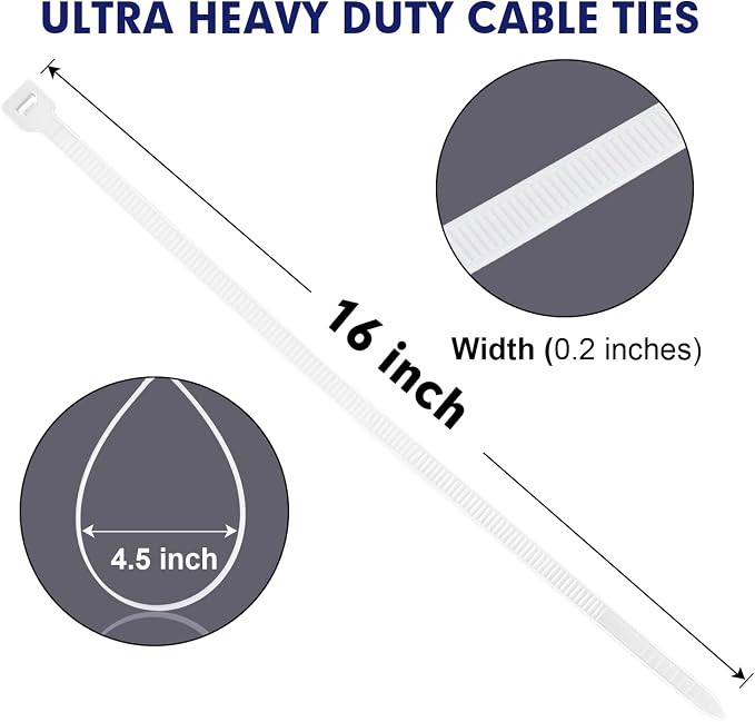 Zip Ties, RAZCC 1200pcs White Cable Zip Ties 16 Inch, Heavy Duty Plastic Wire Ties with 70lb Tensile Strength, Self-Locking White Nylon Tie Wraps for Indoor and Outdoor