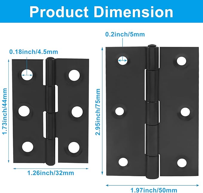 BokWin 12 Pcs 2 Inch and 4 Pcs 3 Inch Small Door Hinges Butt Folding Hinges Stainless Steel Black with Screws for DIY Wooden Boxes, Furniture, Woodworking Craft Projects