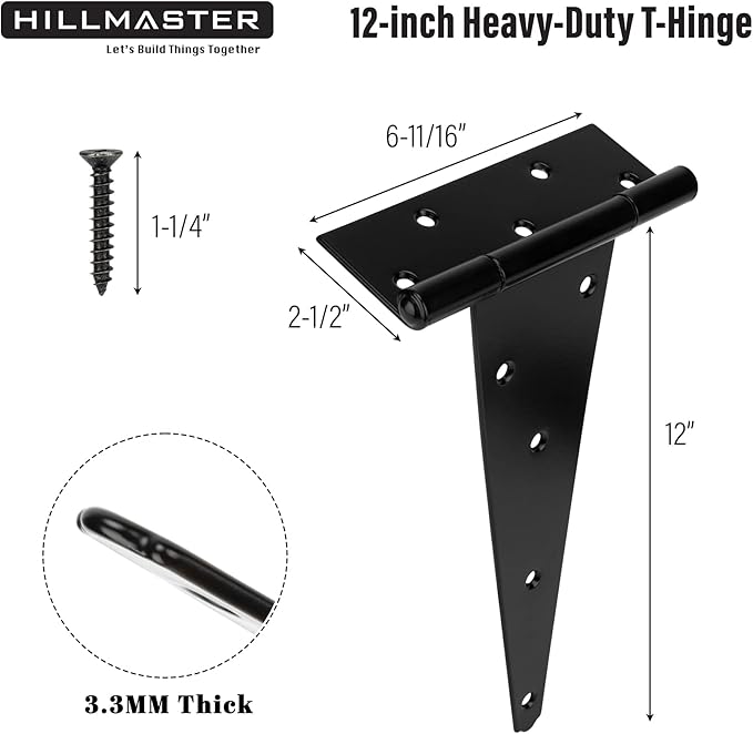 HILLMASTER 12 Inch T-Strap Heavy Duty Shed Door Hinges Gate Strap Hinges Black Tee Hinge Wrought Hardware for Wooden Fences,Yard,Barn Door,Rustproof (2 Pack)