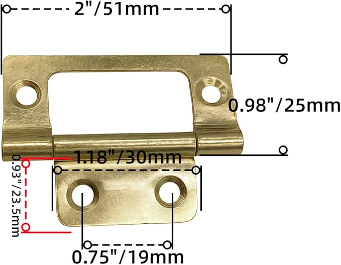 6 Pack Non-Mortise Door Hinges with Screws, 2 x 0.9 Inches Bifold Butt Cabinet Hinges for Furniture, Windows, Cupboards (Gold)