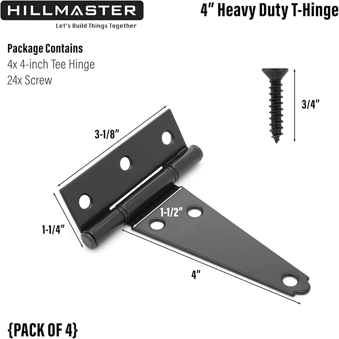 HILLMASTER 4 Inch T-Strap Hinges Shed Window Door Hinges Gate Strap Hinges Heavy Duty Black Tee Hinge Wrought Gate Hardware Post Small T Hinges for Wooden Fences,Shutter,Yard,Barn Door,Outdoor(4 Pack)
