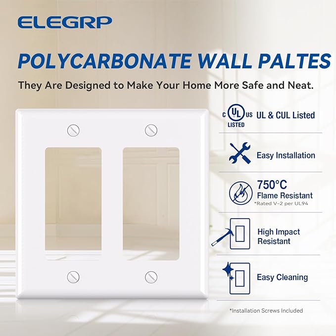 ELEGRP 2-Gang Decorative Wall Plates, Standard Size 4.53" H x 4.57" L Unbreakable Thermoplastic Faceplate Cover for Decorator Receptacle Outlet Switch, UL Listed (1 Pack, Glossy White)