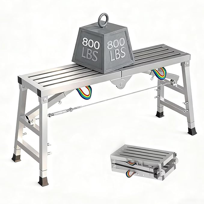 Work Platform Scaffold, 47"x 11" Portable Folding Scaffolding Platform, Equipment Adjustable Height 23.6"-35.4",Steel Step Ladder 800 lbs Load Capacity for Car Washing, Repairing, Painting, Cleaning