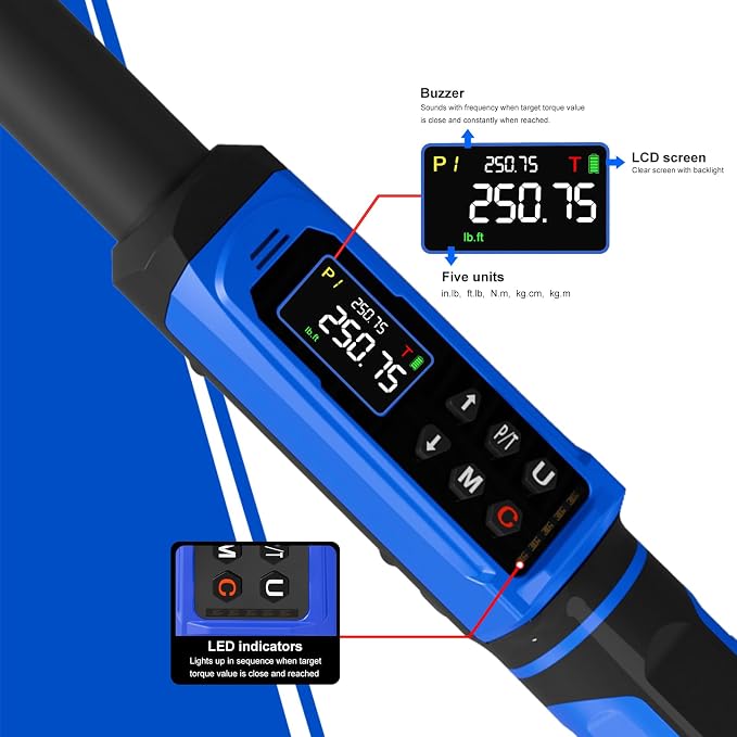 Digital Torque Wrench 1/2" Drive 3.8-250.8FT.LB (5-340Nm),Electronic Torque Wrench ±1% High Accuracy,5 Units LCD with Buzzer & LED Alerts For Car Bike Moto Truck