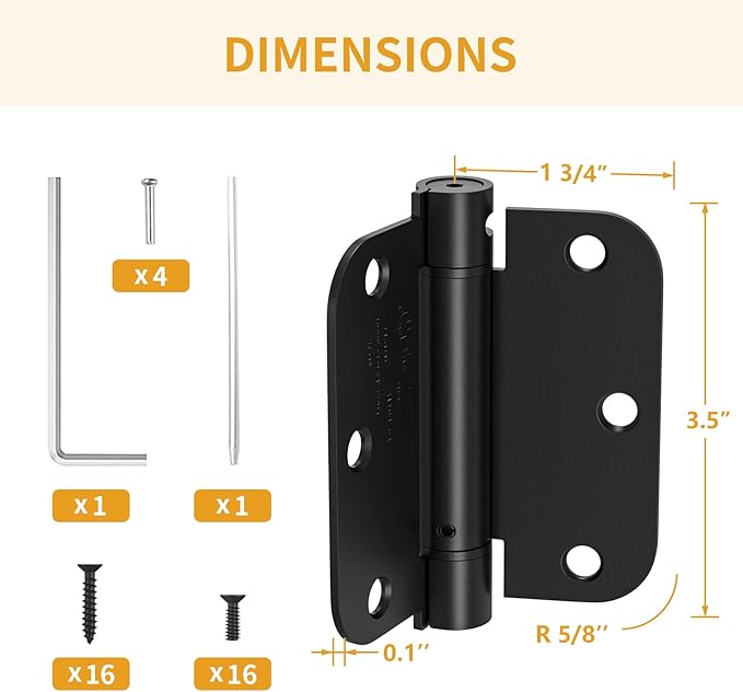 Luxbaro 2 Pack Self Closing Door Hinges 3.5 Inch, Matte Black Spring Loaded Hinges with 5/8'' Radius Corners, Adjustable Tension for Garage, Front Door, for Left and Right Hand Door, UL Listed