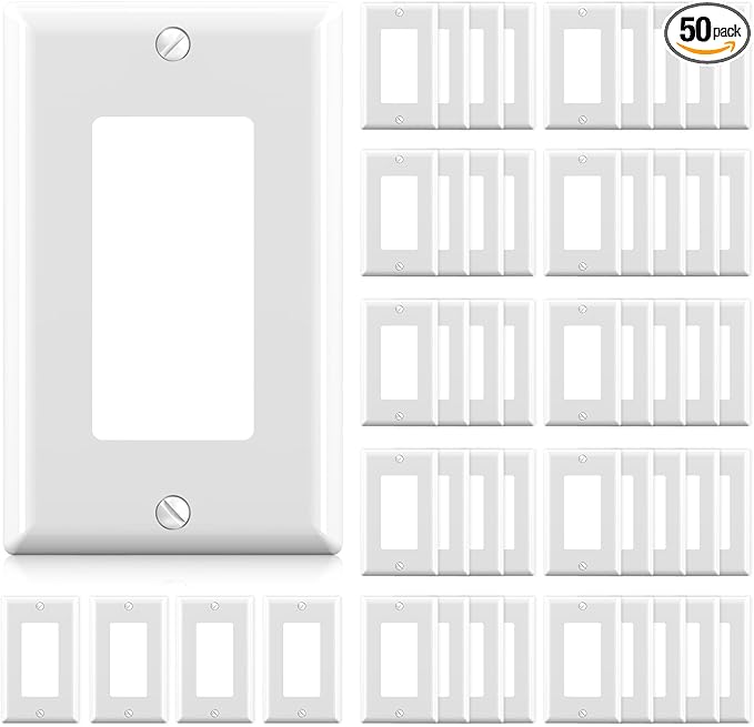 AIDA 1-Gang Standard Light Switch Cover Plate, Decorative Outlet Covers, Glossy White, 50-Pack Unbreakable Polycarbonate Wall Plates for Decorator Device, UL Listed, 4.5" H x 2.75" L