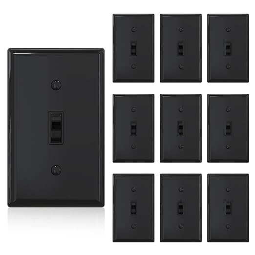 ELEGRP 3 Way Toggle Light Switch with Plate, 15 Amp, 120 V, Toggle Framed AC Quiet Switch, in Wall On/Off Switch, Self-Grounding, Residential and Commercial Grade, UL Listed (10 Pack, Glossy Black)