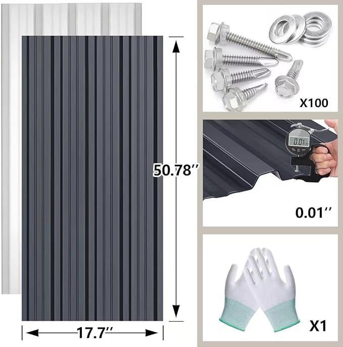 Metal Roofing Panels - 12Pcs Waterproof Heavy Duty Metal Roof Panels Corrugated Metal Siding for Roofs Carports Tool Sheds Patio Porch Pergola, Easy to Install Grey, 50.78x17.7in