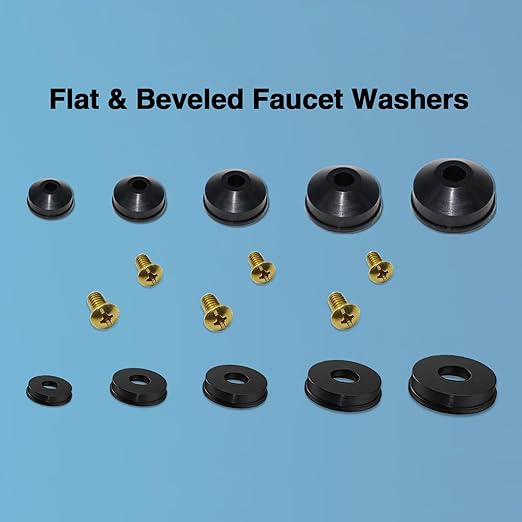 ZDBB 106 pcs Flat and Beveled Faucet Washers and Brass Bibb Screws Assortment for Use with Assorted Quick-Opening Style Faucets Stem Worn Out Washer Replacements Black