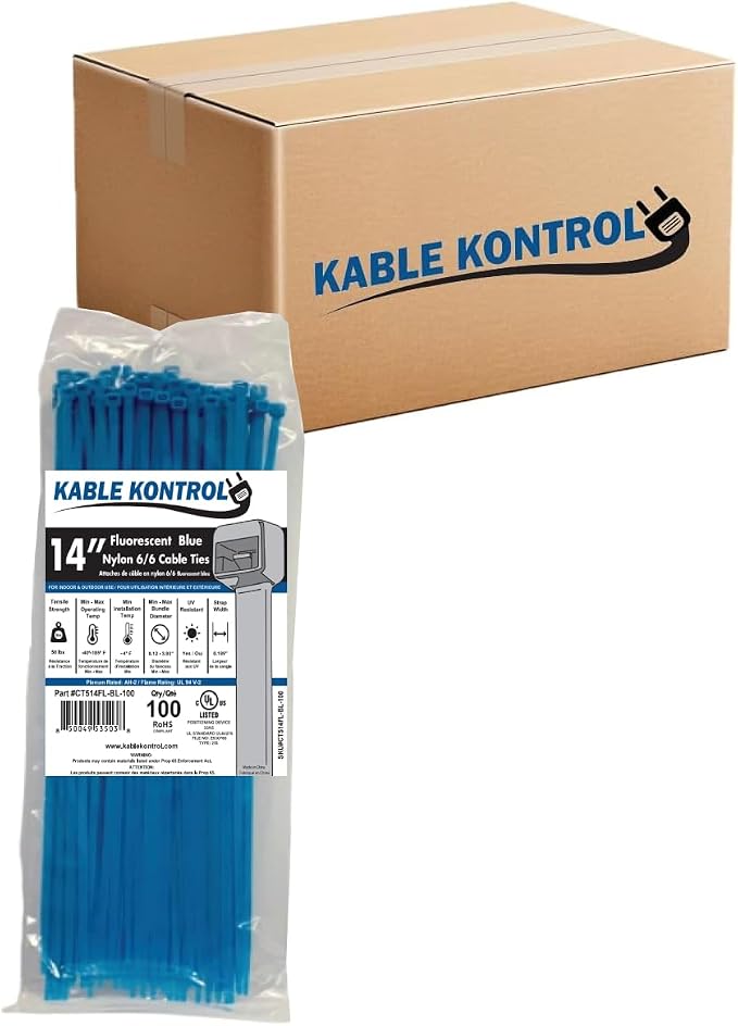 Kable Kontrol Cable Zip Ties, 14 Inch, 6000 Pcs, 50lbs Test, FL Blue | Nylon Plastic, Self Locking, UL Listed, Indoor Use