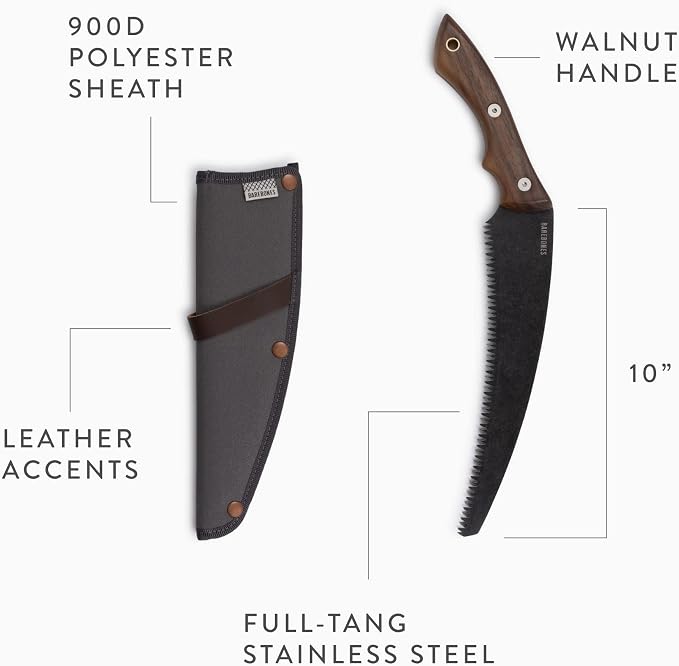 Barebones Timber Saw - Hand Saw with Ergonomic Walnut Handle for Camping, Pruning, and Wood Cutting - Curved Blade and Root Cutter with Sheath