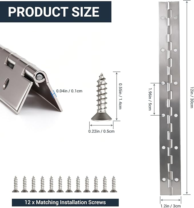 Piano Hinge, 12 Inch Stainless Steel Hinges with Holes and Stainless Steel Screws, Piano Heavy Duty Hinges, Suitable for Cabinets, DIY Storage Boxes, and Marine Scenarios