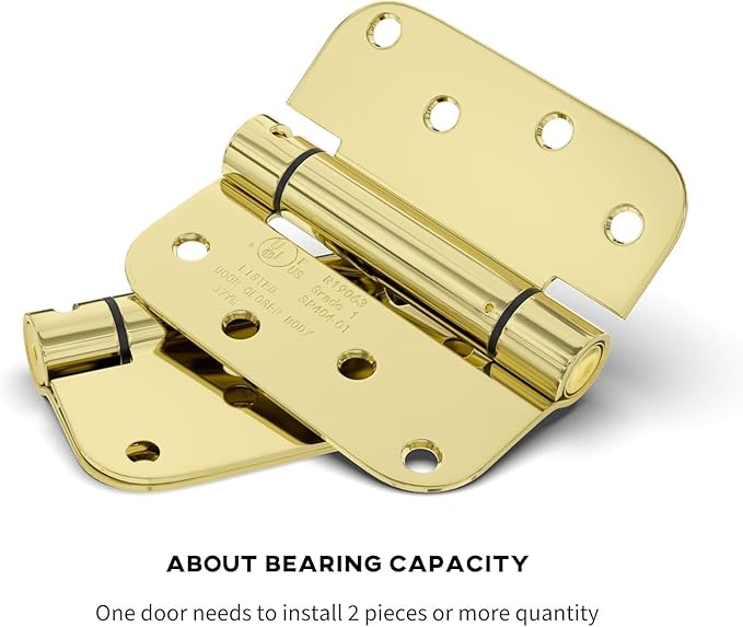 goldenwarm 6 Pack 4 Inch Polished Brass Self Closing Door Hinges with 5/8'' Radius Corners - Adjustable Tension Soft Close Hinges for Interior/Exterior Doors, Durable & Quiet Closure