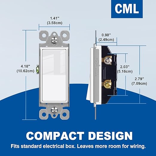 CML Decorator Paddle Rocker Light Switches, 15 Amp Single Pole Switch, 15A 120/277V, On/Off Interrupter, UL Listed, White, 100 Pack
