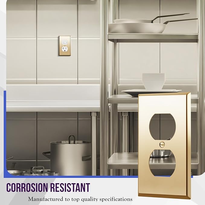 ENERLITES Duplex Receptacle Outlet Metal Wall Plate, Stainless Steel Outlet Cover, Corrosion Resistant, Size 1-Gang 4.50" x 2.76", 7721-PB, Stainless Steel 201, Polished Brass, Gold