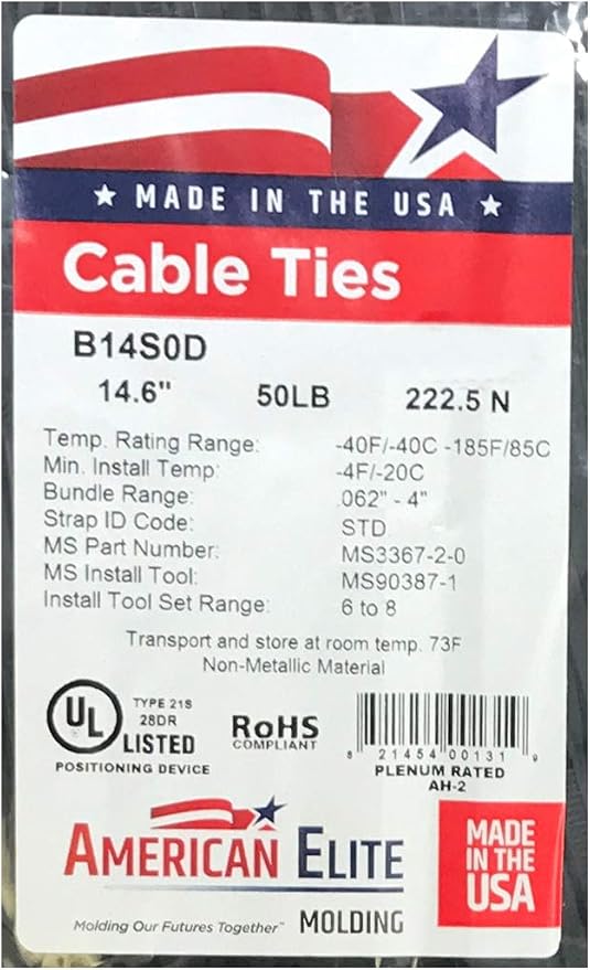Standard Black 14" Inch Cable Zip Ties 50 Pounds Tensile Strength UV Resistant Wire Wrap - 100 Pack - Made in USA