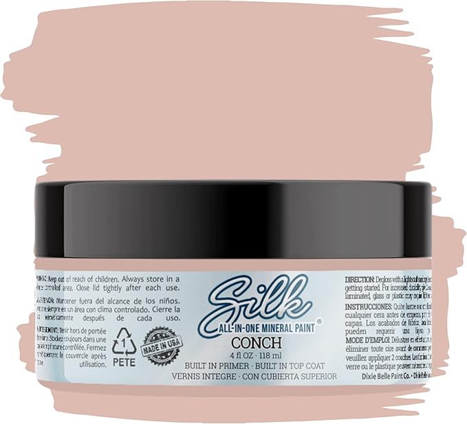 Dixie Belle Silk All-in-One Mineral Paint - Conch (4oz) - Pretty Pink Water Based Built-In Primer + Topcoat for Wood + Metal - Durable Furniture Paint - Low Reflective Finish