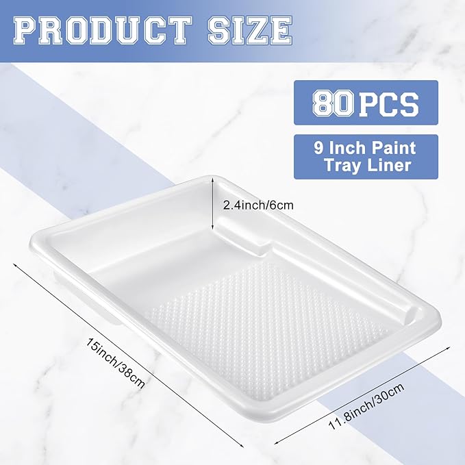 Geelin 80 Pcs Paint Tray Liner 9 Inch Pans White Roller Disposable Plastic Paint Tray with Textured for Painting Walls, Compatible with Most Rollers
