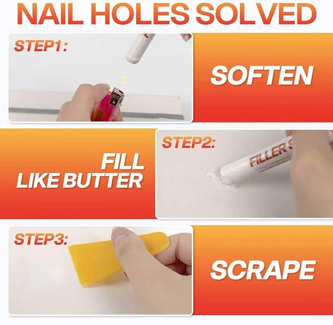 White Wood Filler Sticks 3 Pack - Wax Putty Repair Pen to Fix Nail Holes, Scratches & Dings in Baseboard, Cabinet, Trim, Wall & Furniture, Renters-Friendly & Apartment Move-Out Repair Kit, Pure White