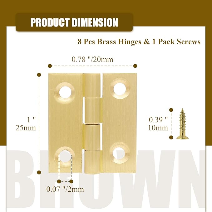 8pcs 1 Inch Brass Hinges, Mini Butt Hinges Cabinet Door Hinge, Box Hinge for Jewelry, Wooden Box, Small Cupboard Furniture (Gold)